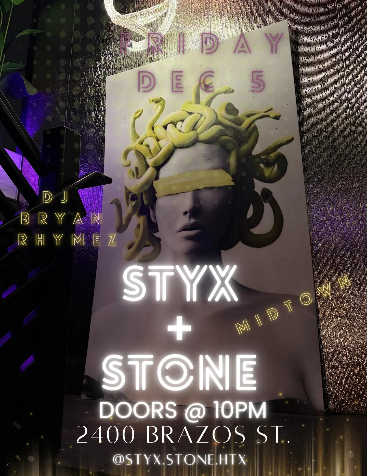 Friday night DJ event flyer for Styx + Stone