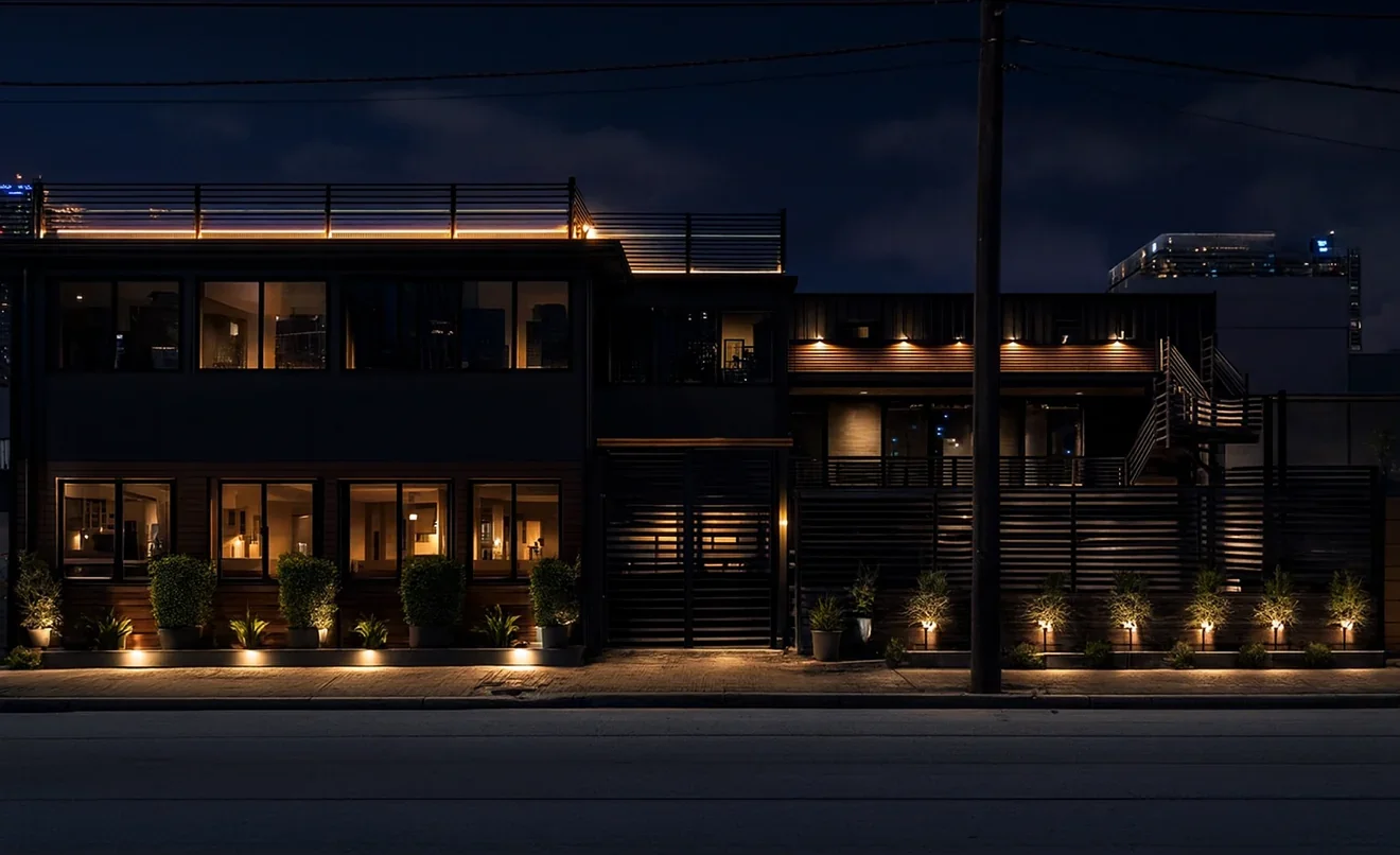 The Styx + Stone building on Brazos Street at night