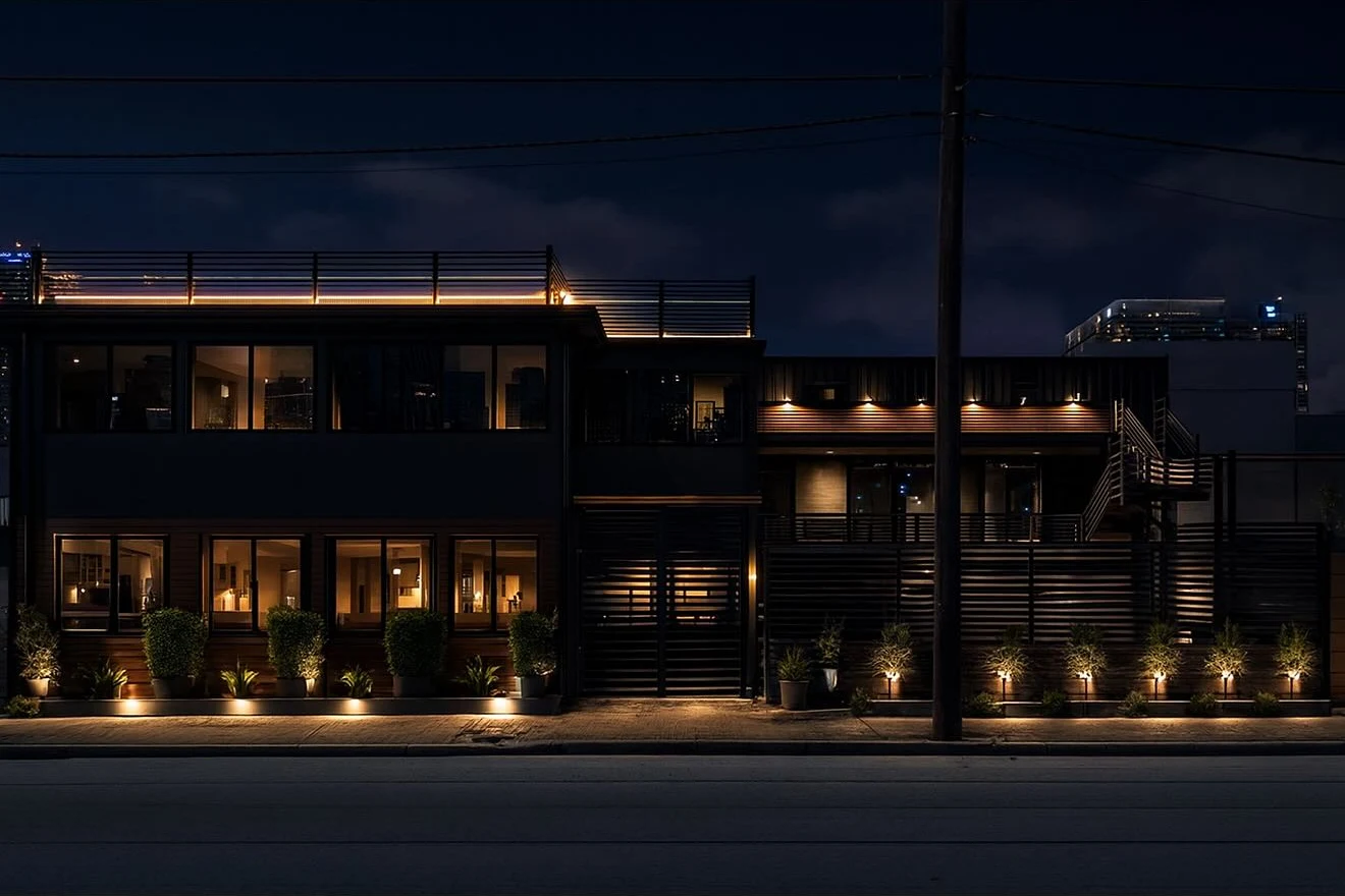 The Styx + Stone building at night with the rooftop lit